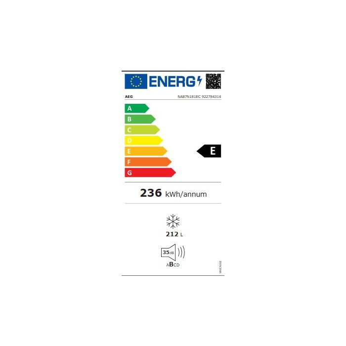Aeg NAB7N181EC In column, 7000, Cabinet Larder Freezer E energy, No Frost, Fixed Hinge, Recycled Inn