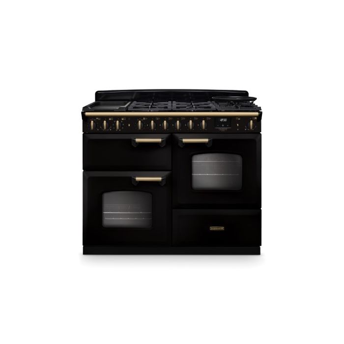 Rangemaster Deluxe 110cm Dual Fuel Range Cooker - Black with Antique Brass Trim