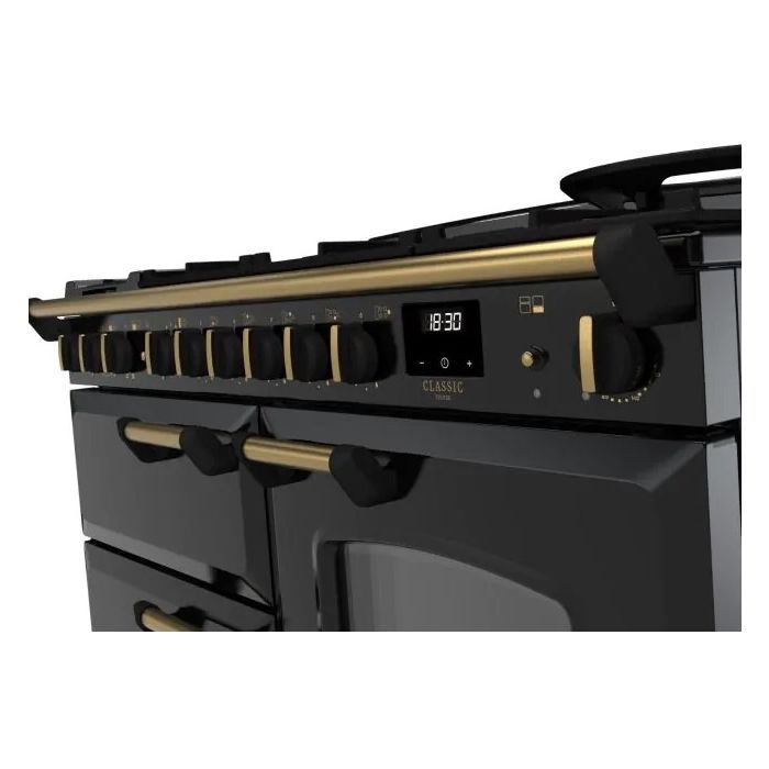 Rangemaster Deluxe 110cm Dual Fuel Range Cooker - Black with Antique Brass Trim