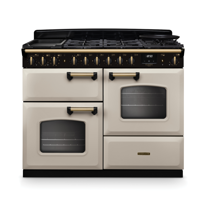 Rangemaster Classic Deluxe 110cm Dual Fuel Range Cooker - Pale Cream & Brass