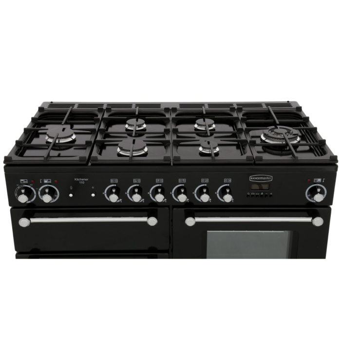 Rangemaster Kitchener 110cm Dual Fuel Range Cooker Black with Chrome Trim 