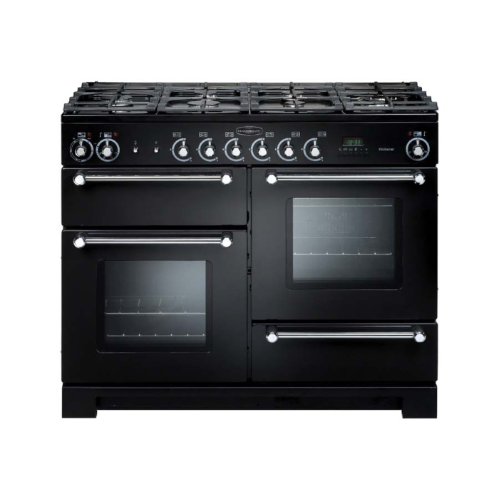 Rangemaster Kitchener 110cm Dual Fuel Range Cooker Black with Chrome Trim 