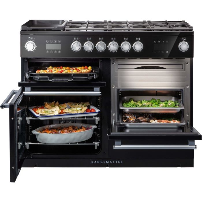 Rangemaster Nexus Steam 110cm Dual Fuel Range Cooker - Black & Chrome 