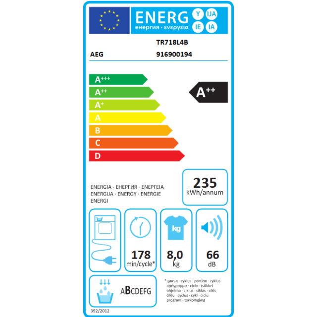Aeg TR718L4B Sensidry Technology 8Kg Heat Pump Tumble Dryer - White