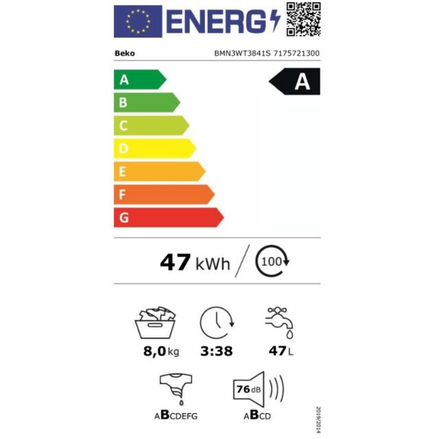 Beko Ireland BMN3WT3841S 8kg 1400 Spin Washing Machine - Silver