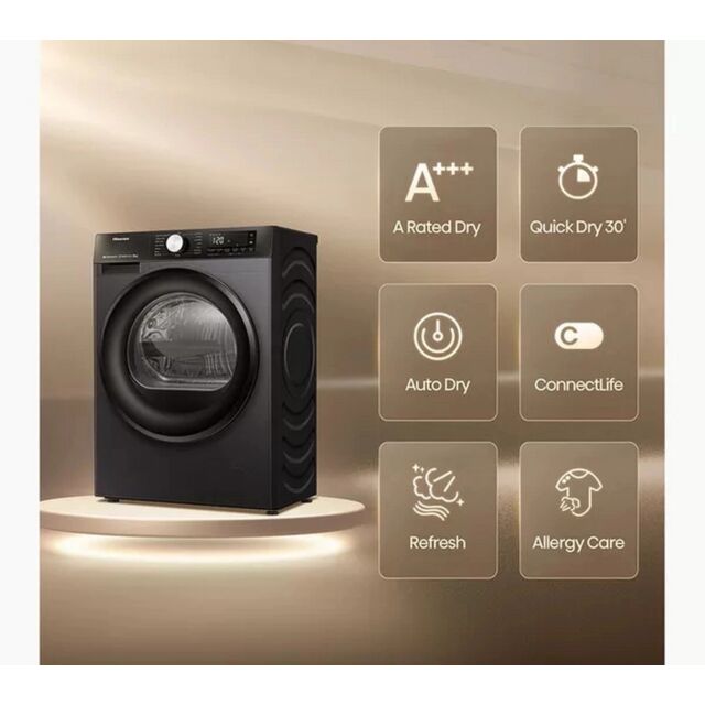 Hisense DH3S802BB3 3S Series Dh3s802bw3 Wifi-Enabled 8Kg Heat Pump Tumble Dryer - Black
