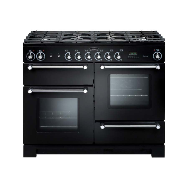 Rangemaster Kitchener 110cm Dual Fuel Range Cooker Black with Chrome Trim