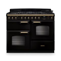 Rangemaster Deluxe 110cm Dual Fuel Range Cooker - Black with Antique Brass Trim